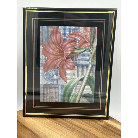 Framed Amaryllis Holographic Print Flower Home Art Decor Red Blue Square Signed - Picture 1 of 6